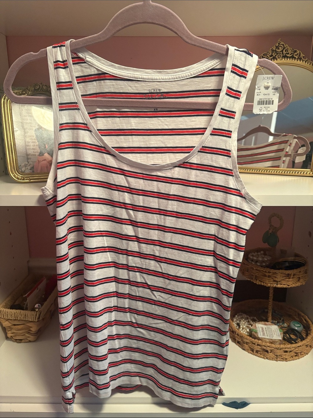 J. Crew White Tank Top with Red and Navy Stripes